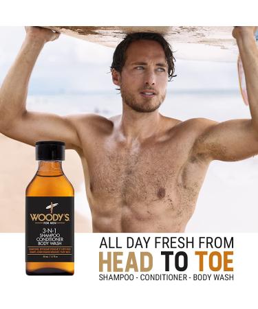 Woody's 3-in-1 Shampoo Conditioner & Body Wash for Men - Travel Size with Marine & Cucumber Extracts 1.7 Fl Oz - Buy Online on SooperMarket.com
