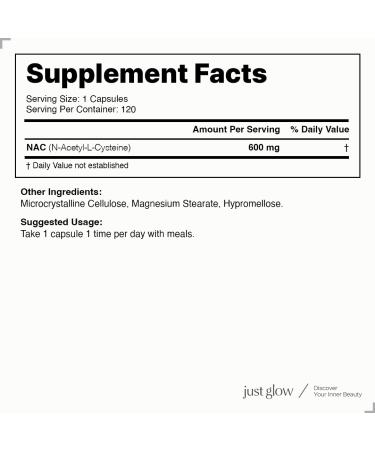 Just Glow NAC (N-Acetyl-L-Cysteine) 600mg - 120 Capsules | NAC Supplement | Pure NAC 600mg Capsule for Antioxidants | Maintenance of Good Health | Made in Canada | 120 Vegetable Capsules 120 count (Pack of 1) - Buy Online on SooperMarket.com