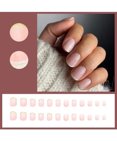 Justotry 24 Pcs Gold Glitter Square Short False Nails - White French Press On Nails with Nail Glue - Medium Squoval Nails for Women - Nail Art White & Gold - Buy Online on SooperMarket.com