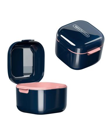 Denture Box Dental Bath with Strainer Portable False Teeth Storage Container Dual Purpose Hygienic Denture Case for Storage and Immersion of Mouthguards Retainers and Dental Appliances (Blue)