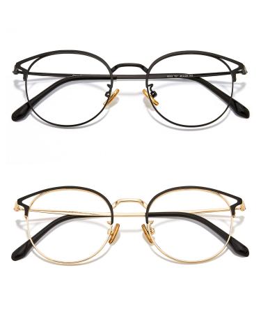 Cyxus blue light filter glasses women with a cat eye round fashion vintage glasses without strength anti-harmful blue light UV400 from cell phone computer 08-black+black gold 2 pieces metal