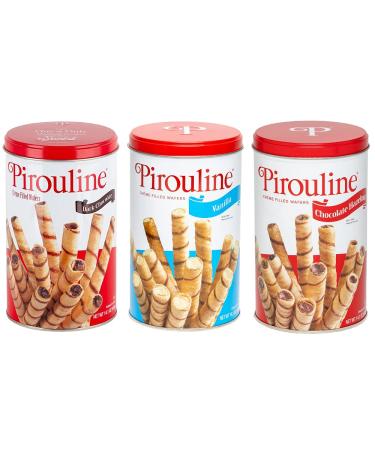 Pirouline Rolled Wafers, Best Flavor Mix, Dark Chocolate, Chocolate Hazelnut and Vanilla Flavors, New Protective Packaging, 14.1 Ounce Tins (Pack of 3)