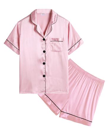 SWOMOG Kids Silk Pyjamas Girls Boys Short Sleeve Satin PJs Sets Button-Down Silky Nightwear Children Sleepwear Teens Age 4-16 14-15 Years Pink