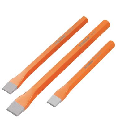 KENDO 3-Pieces Heavy Duty All Purpose Cold Chisel Set - Industrial Grade Octagonal Steel Hand Tools For Carpentry, Metalwork, Woodwork & Masonry - Sizes 8", 10", 12" - Roll Up Storage Pouch Included