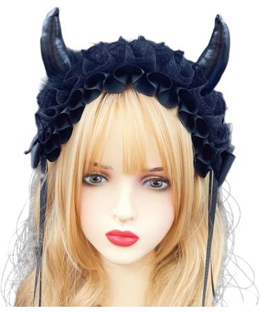 JSGHGDF Creative Spooky Devil Horn Shape Hairband Women Pleated Lace Makeup Skincare Headband for Halloween Photography Hairband Black - Buy Online on SooperMarket.com