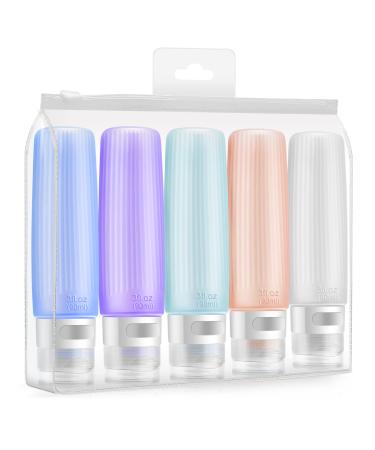 Travel Bottles for Toiletries 3 OZ Tsa Approved Travel Size Containers Silicone Leak Proof BPA Free Squeezable Travel Essentials for Shampoo Conditioner Lotion Cosmetic on Travel Vacation ( 5 Pack)