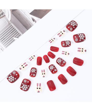 Brishow Christmas Snow Elk Press on False Nails - Red Short Square Fake Nails for Women & Girls (24pcs) - Buy Online on SooperMarket.com