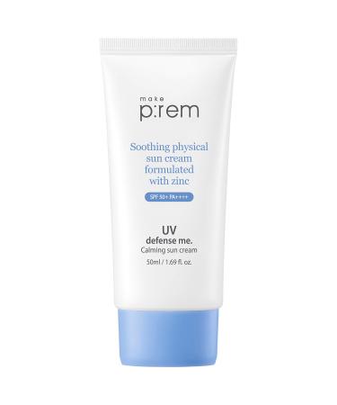 make prem UV defense me. Calming sunscreen  SPF 50+ PA++++ VEGAN Reef-safe Mineral Facial Sunblock  Non-Nano Zinc Oxide Hydrating Calming Korean Body Sunscreen for Sensitive Skin and All Skin Types  No oxybenzone or octi...