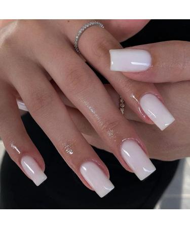 White Press on Nails Medium Long KXAMELIE Square Shaped Glue on Nails Medium Gel Manicure Nails Pure Color Acrylic Nails Press on Fake Nails Kit for Women and Girls Daily Wear 24PCS frosting white
