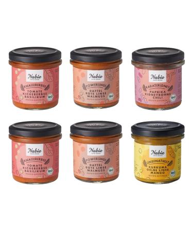 Nabio |Protein spread 6er box I based on lentils chickpeas and beans I pleasantly creamy I (6 x 140g) 2x tomato chickpea basil 2x date red lens walnut 1 x paprika Kidney bean Chili 1x turmeric yellow lens mango 140 g (6 Pack)))