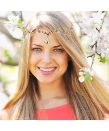 Rhinestone Leaf Headband Golden Wedding Head Chain with Teardrop Crystal Leaf Hair Vine - Buy Online on SooperMarket.com