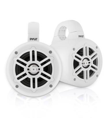 Pyle Waterproof Marine Wakeboard Tower Speakers - 4 Inch Dual Subwoofer Speaker Set with 300 Max Power Output - Boat Audio System Kit w/ Titanium Dome Tweeters & Mounting Clamps PLMRWB45W (White) Speakers White