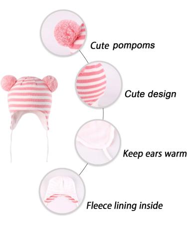 LANGZHEN Toddler Winter Hat Earflap Knit Cap Fleece Lined Beanie 6-12 Months Pink-Stripe - Buy Online on SooperMarket.com