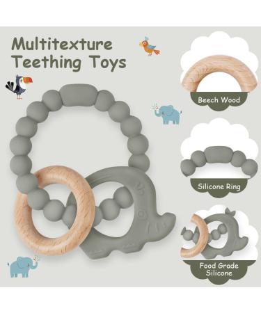 Vicloon Octopus Teething Toy - Silicone and Wood Teether for Babies - Easy to Clean & Hold - Chew Toy for Boys & Girls - Green-Grey - Buy Online on SooperMarket.com