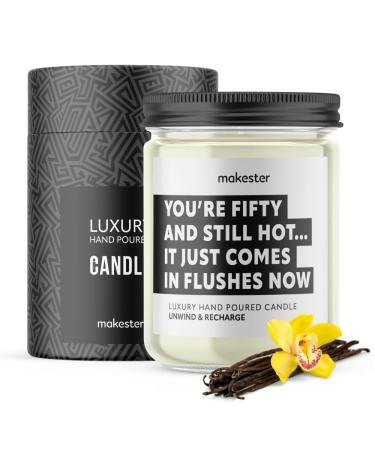 50th Birthday Candle - 220g Soy Wax with Madagascan Vanilla Jasmine & Sugared Almond - 50th Birthday Gifts for Women - Funny Candles by Makester