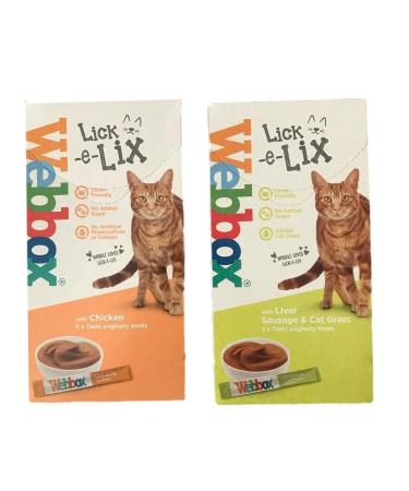 Webbox Cat Treat Lick e Lix 2 Flavour Bundle - Chicken and Liver Sausage & Cat Grass 5 x 15g per box (one box of each)