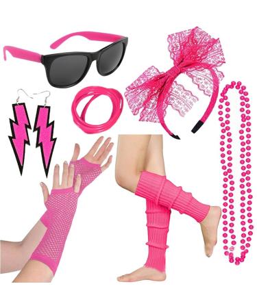 Festive 80s Earrings Leg Warmers Headband Sunglasses for Costume Halloween Party Wrist Gloves for Dress up Parties Rose Red