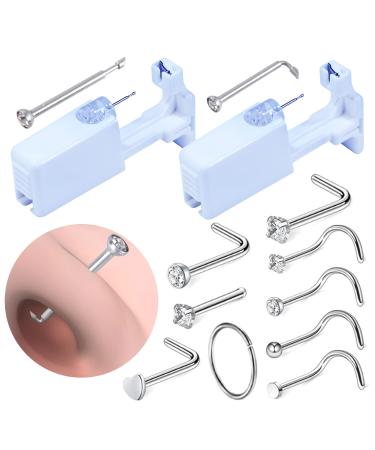 Firstomato 2pcs Sterile Nose Piercing Gun Self Use Nose Piercing Kit Safe Hygienic Nose Ring Piercing Tool Hypoallergenic Nose Stud 2 pcs,Crystal Clear,Silver