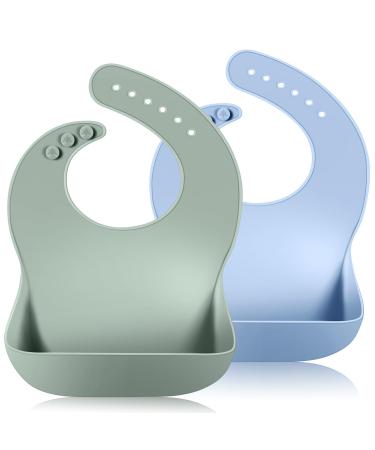 Vicloon Silicone Baby Bib 2PCS Baby Weaning Bibs Waterproof Baby Feeding Bibs Adjustable with Wide Food Catcher Pocket Unisex Toddler Bibs (Blue-Green)