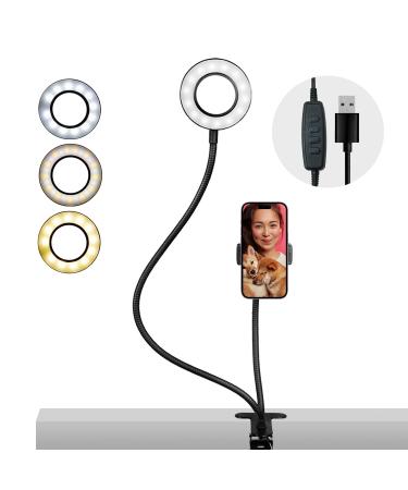 LS Photography Clip on Selfie Ring Light Stand with Phone Holder, Flexible Arms for Video Photography Desk Lamp Bedroom, LGG775 1-Pack