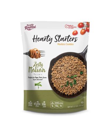 Deeply Rooteds Hearty Starters Zesty Italian Meatless Crumbles - Plant-Based & High Protein  Vegan, Non-GMO, Clean, Allergen & Gluten Free, Keto  Cooks up to 1 lb  Perfect for Pizza & Pastas. Zesty Italian 4.7 Ounce (P