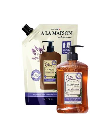 A LA MAISON French Liquid Hand Soap and Eco-Friendly Refill Pouch Combo Lavender Aloe - Natural Hand Wash Made with Essential Oils - Biodegradable Plant-Based Alcohol & Paraben Free (16oz + 1L)