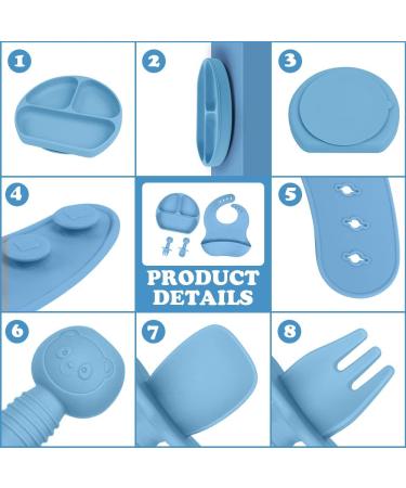 Vicloon Silicone Baby Feeding Set | 4 Pcs Weaning Suction Plate, Bib, Spoon & Fork | BPA-Free Toddler & Kids Plate Set | Divided Plate | Gift for Kids - Blue - Buy Online on SooperMarket.com