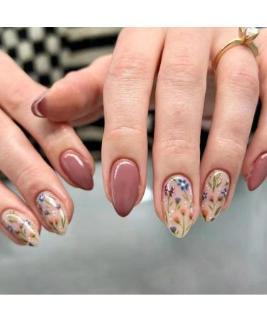 Almond Press on Nails Short Fake Nails with Fall Flower Design Glossy False Nails Acrylic Nails Full Cover Glue on Nails Reusable Floral Stick on Nails Kit for Women Girls DIY Flower Nails Art 24Pcs flower 4
