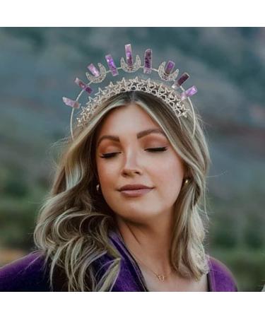 Formery Star Mary Halo Crown Headband Silver Crescent Moon Amethyst Purple Crystal Goddess Halo Headpiece Handmade Quartz Natural Stone Spiked Hair Accessories for Women