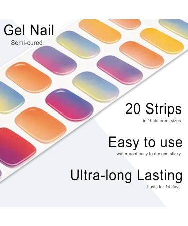 Foyute Semi Cured Gel Nail Strips 20 Pcs Soft Self-Adhesive Gel Nail Polish Wraps Sticker for Salon-Quality Manicure Set Long Lasting Easy to Apply & Remove Nail File & Wooden Stick (Smudge rainbow) - Buy Online on SooperMarket.com