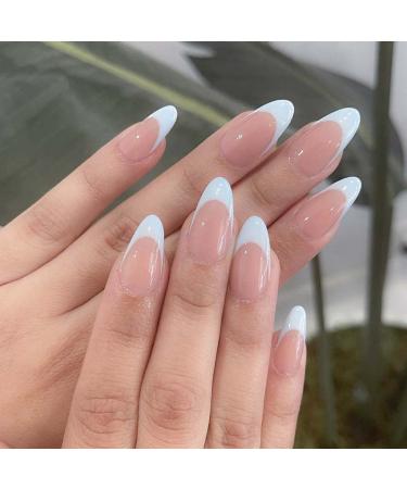 RikView French Press on Nails Oval Glossy Fake Nails Short White False Nails Full Cover Prom Nails for Women and Girls 24PCS/Set