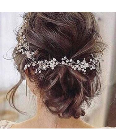 Handcess Bride Wedding Crystal Hair Vine Pearl Silver Headpiece Rhinestone Bridal Hair Accessories for Women and Girls (Silver)