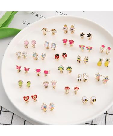 24 Pairs Mixed Color Clip-on Earrings Set - Animals, Heart, Flowers, Mushroom Design for Ladies - Painless Non-perforated Earrings - Buy Online on SooperMarket.com