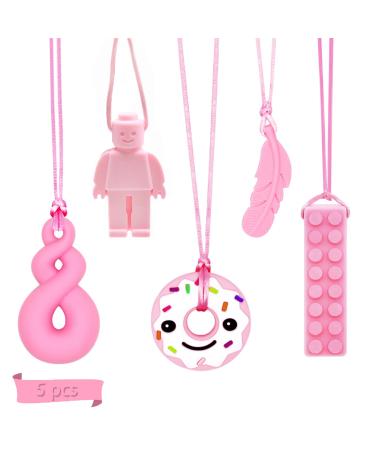 5Pcs Sensory Chew Necklace Pink Teether Chew Toys for Autistic Children Anxiety Biting Needs Silicone Chewy Teether Toy Made of Food Grade Silicone for Kids Teething Oral Motor Chewy