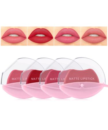 Kaynest 4 Colors Matte Lipstick Set  Matte Velvet Lipstick Lip Shape Lazy Lipstick  Long Lasting High Pigmented Non-stick Cup Lip Gloss  Waterproof Easy to Color Lipstick Lazy Lip Makeup(Set-D)