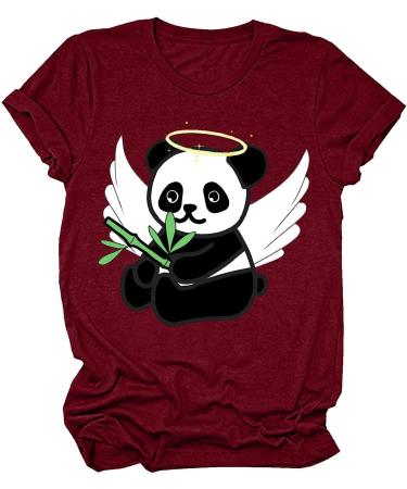 TUNUSKAT Women's Cute Panda Shirt - Summer Animal Print Blouse | Short Sleeve Loose Fit Tops - Medium - Wine - Buy Online on SooperMarket.com