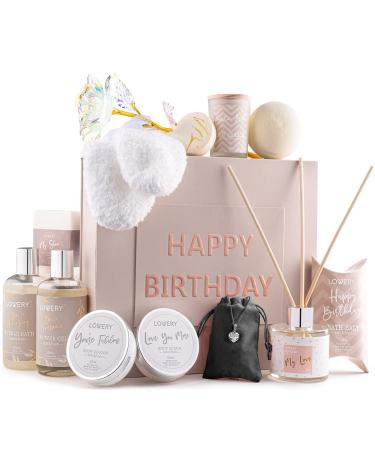 Birthday Gift Basket - Bath and Spa Gift Set for Women - Luxury Birthday Spa Gift Box with Vit E- Rich Bath Essentials, Diffuser, Candle, Sterling Silver CZ Heart Necklace, 24k Flower Rose Gift & More