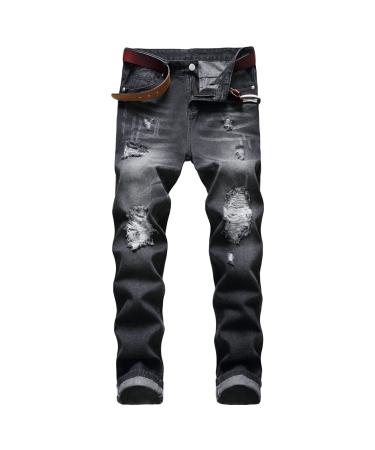 Retro Ripped Slim Jeans for Men Regular Fit Destroyed Distressed Jean Vintage Straight Stretch Comfort Denim Pants Black 34