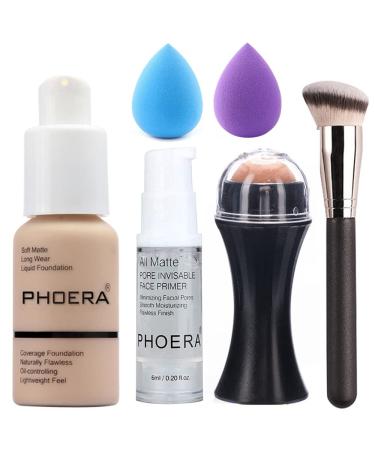 6 pieces Liquid Foundation Set Matte Liquid Full Coverage Foundation with Face Primer Volcanic Stone Oil Rollers Foundation Brush MakeUp Sponge MakeUp Set ( # 102) 1 piece (1 Pack) # 102