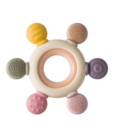 Arudyo Baby Teething Toys Silicone Teethers BPA Free Silicone Rudder with Wooden Ring Soothe Babies Gums (Khaki)