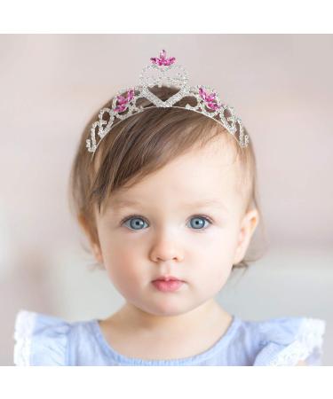 SWEETV Baby Girls 1st Birthday Tiara Headband  Pink Infant First Birthday Crown Party Hat  Rhinestone Princess Hairband for Kids