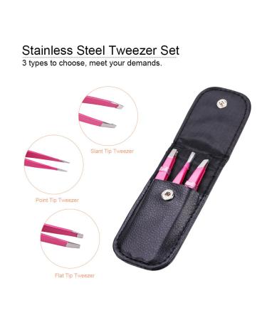 3-Piece Stainless Steel Tweezers Set - Flat Lace & Sloping Tips for Eyebrows & Facial Hair Removal - Rose Red - Perfect for Home & Gift - Buy Online on SooperMarket.com