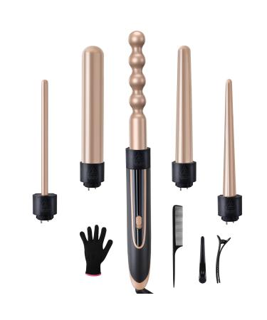 5-in-1 Interchangeable Curling Iron Set - Instant Heat-Up Ceramic Wands (0.35-1.25 Inch) Beach Waver for Short and Long Hair Styling Gold