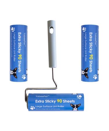 Extremely sticky lint roller for removal of animal hair - large area 90 sheets per roll 16 cm wide pack with 1 roll and 2 refill 1 roll + 2 refill packs