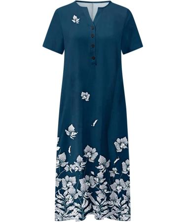 Foldap Women's Boho Floral Summer Dress - O-Neck Casual Print Long Dress with Short Sleeves and Pockets - X-Large (A1-blue) - 2023 Collection - Buy Online on SooperMarket.com
