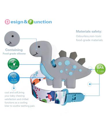 BigSpinach Soft Grey Dinosaur Teether & Pacifier Clip Set - Valentines Day Gift for Baby Boy | Silicone Teething Toy & Chew Toys - Buy Online on SooperMarket.com