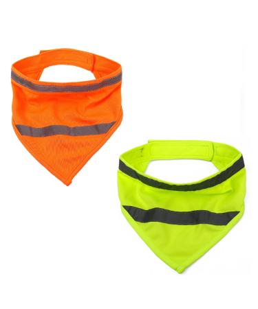HIXNUG 2Pcs Pet Reflective Scarf Dog Triangle Bib High Visibility Warning Bandana Fluorescent Yellow Orange Scarf Bib for Night Walking (S)