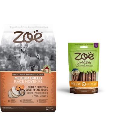 Zo Dry Dog Food (Medium Breed Turkey/Chickpea/Sweet Potato Recipe 5 kg) + Zoe Dental Sticks (Large Cinnamon Flavor 6.6 oz)