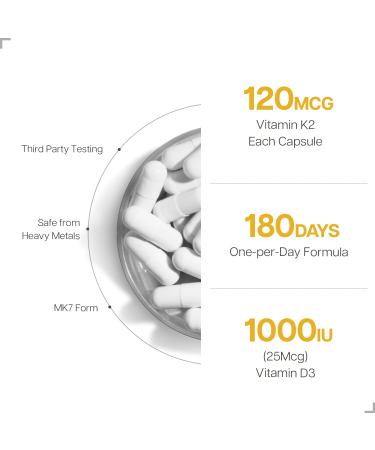 Just Glow Vitamin High-Potency K2 + D3 Supplement - 120mcg (MK-7) / 1000 IU - 180 Capsules - Helps Support Bones Teeth and Immune Function - Made In Canada - Buy Online on SooperMarket.com