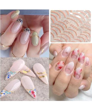 3D Rose Gold Metal Nail Stickers - Self-Adhesive Nail Art Decals for DIY Manicure | 8 Sheets of Stripe Lines & French Tips - Buy Online on SooperMarket.com